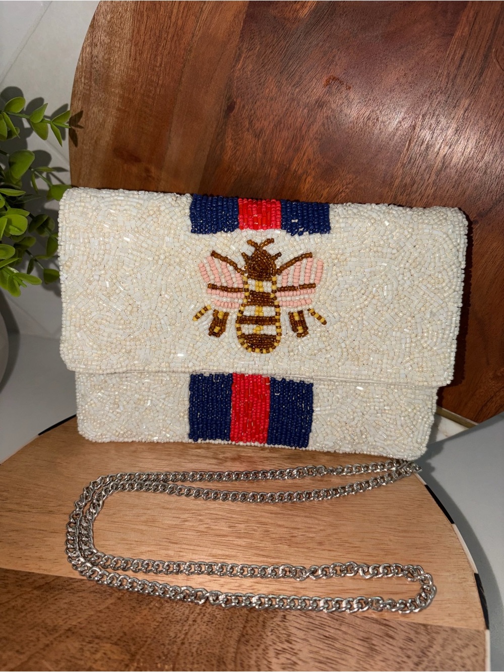 Shirdee Beaded Shoulder Bag Clutch Chain  stripe bumblebee Bee Crossbody purse